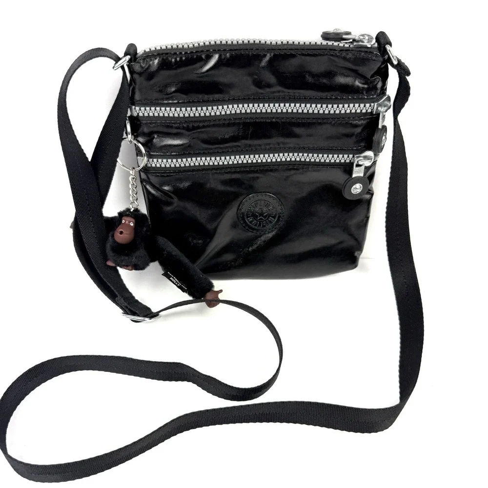 Kipling Alvar Crossbody Bag Small Shiny Black Triple Zip Monkey Charm NEW